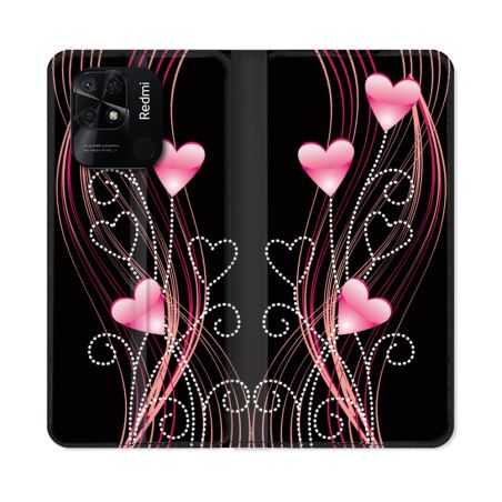 Housse cuir portefeuille Pour Xiaomi Redmi 10C Amour Coeur Rose Montant sur Noir