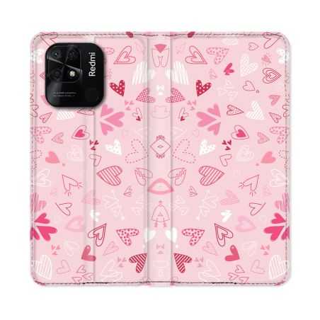 Housse cuir portefeuille Pour Xiaomi Redmi 10C Amour Ptis Coeurs