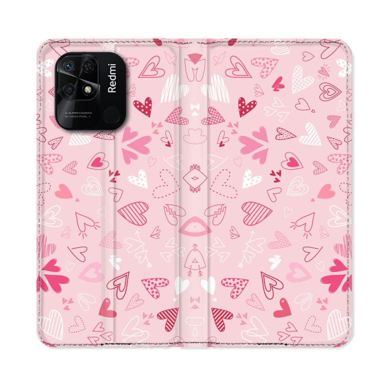 Housse cuir portefeuille Pour Xiaomi Redmi 10C Amour Ptis Coeurs