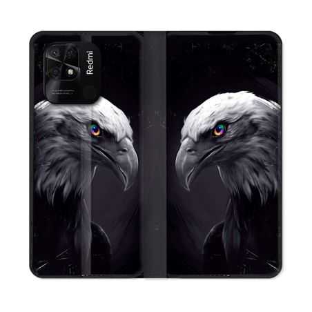 Housse cuir portefeuille Pour Xiaomi Redmi 10C Animal Aigle Royal Noir