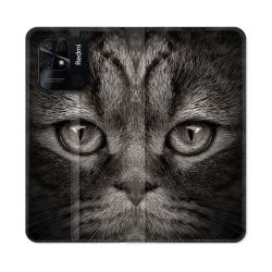Housse cuir portefeuille Pour Xiaomi Redmi 10C Animal Chat Gris