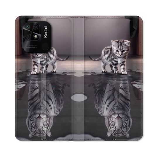 Housse cuir portefeuille Pour Xiaomi Redmi 10C Animal Chat Reflet