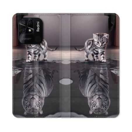 Housse cuir portefeuille Pour Xiaomi Redmi 10C Animal Chat Reflet