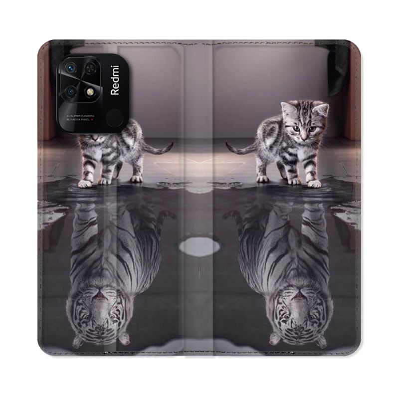 Housse cuir portefeuille Pour Xiaomi Redmi 10C Animal Chat Reflet