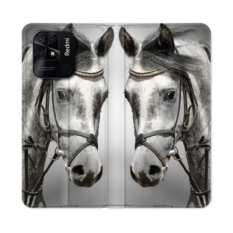 Housse cuir portefeuille Pour Xiaomi Redmi 10C Animal Cheval Blanc