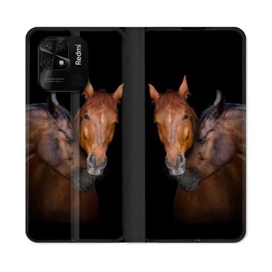 Housse cuir portefeuille Pour Xiaomi Redmi 10C Animal Cheval Marron