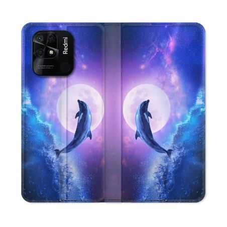 Housse cuir portefeuille Pour Xiaomi Redmi 10C Animal Dauphin Vague