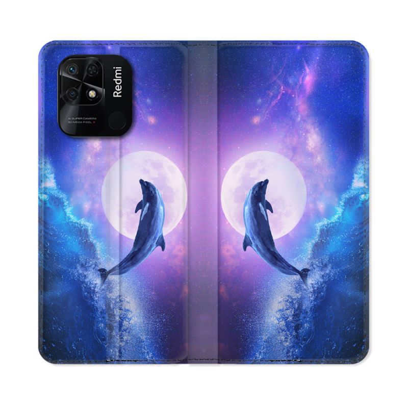 Housse cuir portefeuille Pour Xiaomi Redmi 10C Animal Dauphin Vague