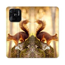 Housse cuir portefeuille Pour Xiaomi Redmi 10C Animal Ecureuil Bois