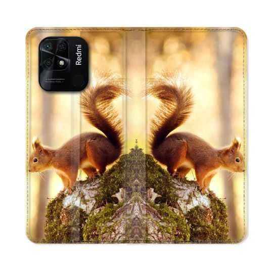 Housse cuir portefeuille Pour Xiaomi Redmi 10C Animal Ecureuil Bois