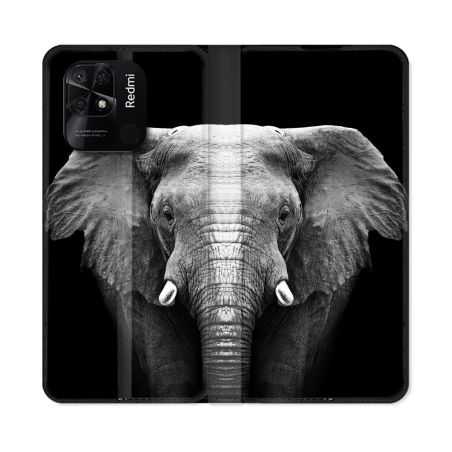 Housse cuir portefeuille Pour Xiaomi Redmi 10C Animal Elephant Noir