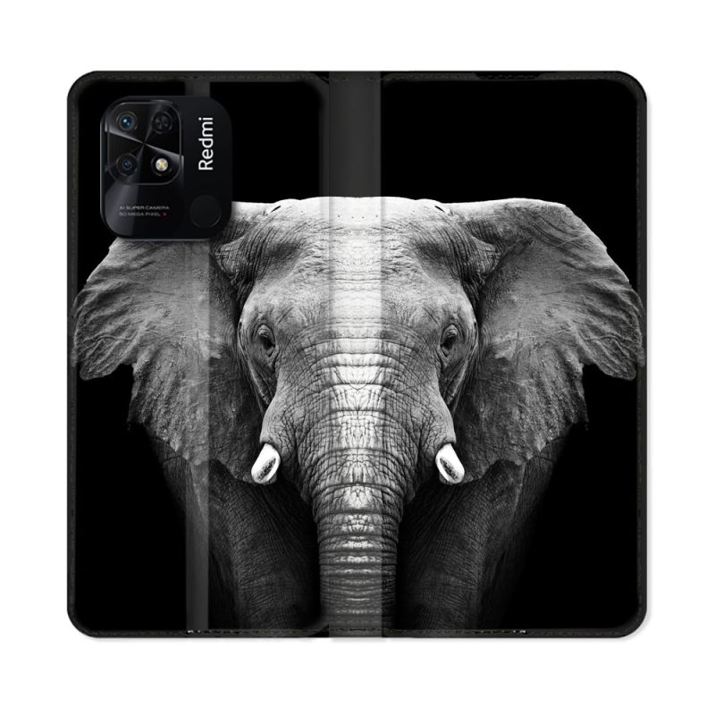 Housse cuir portefeuille Pour Xiaomi Redmi 10C Animal Elephant Noir