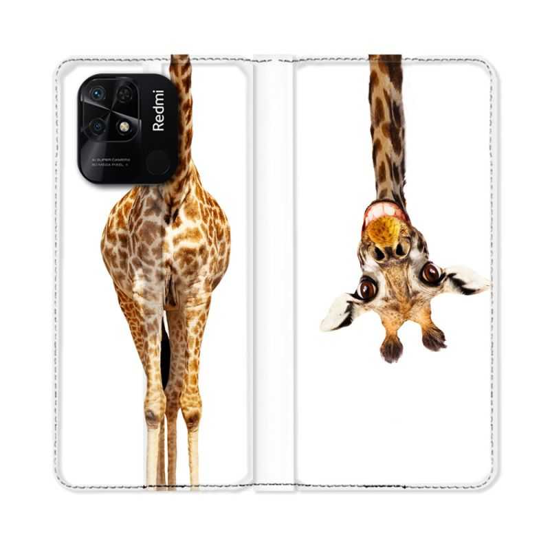 Housse cuir portefeuille Pour Xiaomi Redmi 10C Animal Girafe Blanche