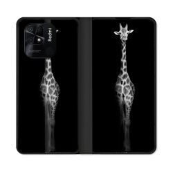 Housse cuir portefeuille Pour Xiaomi Redmi 10C Animal Girafe Noire