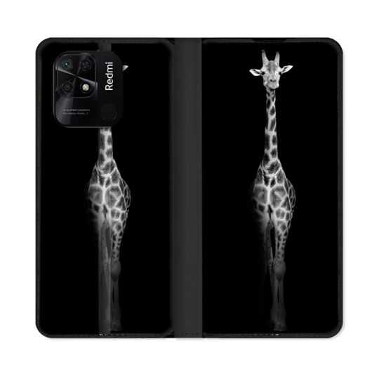 Housse cuir portefeuille Pour Xiaomi Redmi 10C Animal Girafe Noire