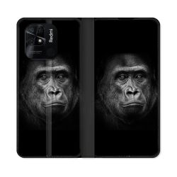 Housse cuir portefeuille Pour Xiaomi Redmi 10C Animal Gorille Noir