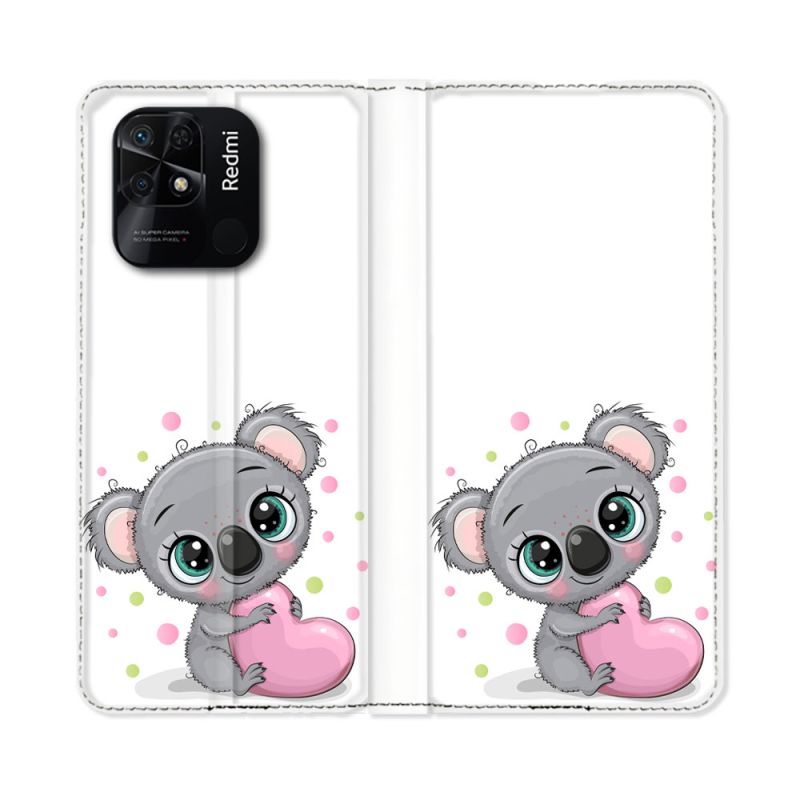 Housse cuir portefeuille Pour Xiaomi Redmi 10C Animal Koala Cœur
