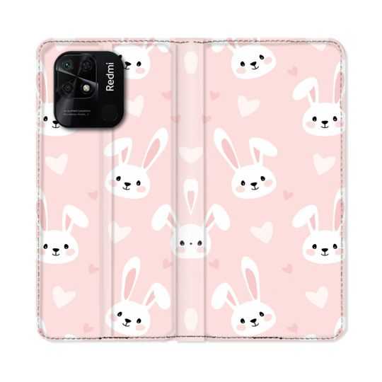 Housse cuir portefeuille Pour Xiaomi Redmi 10C Animal Lapin Rose