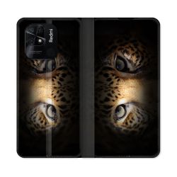 Housse cuir portefeuille Pour Xiaomi Redmi 10C Animal Leopard Yeux