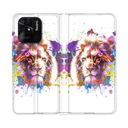 Housse cuir portefeuille Pour Xiaomi Redmi 10C Animal Lion Tag