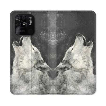 Housse cuir portefeuille Pour Xiaomi Redmi 10C Animal Loup Hurlement