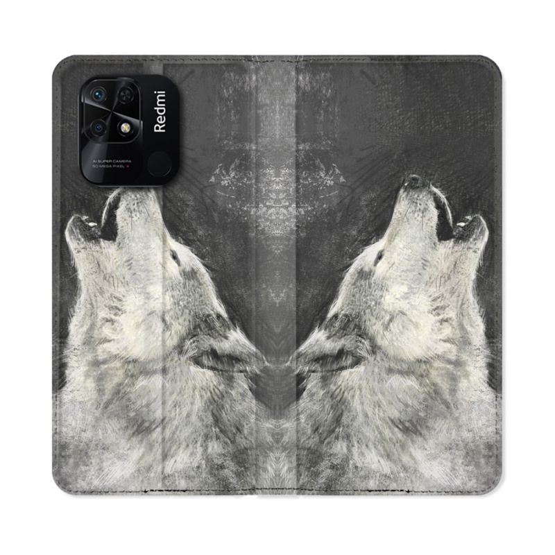 Housse cuir portefeuille Pour Xiaomi Redmi 10C Animal Loup Hurlement