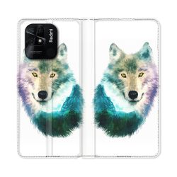 Housse cuir portefeuille Pour Xiaomi Redmi 10C Animal Loup Montagne