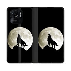 Housse cuir portefeuille Pour Xiaomi Redmi 10C Animal Loup Noir