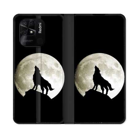 Housse cuir portefeuille Pour Xiaomi Redmi 10C Animal Loup Noir