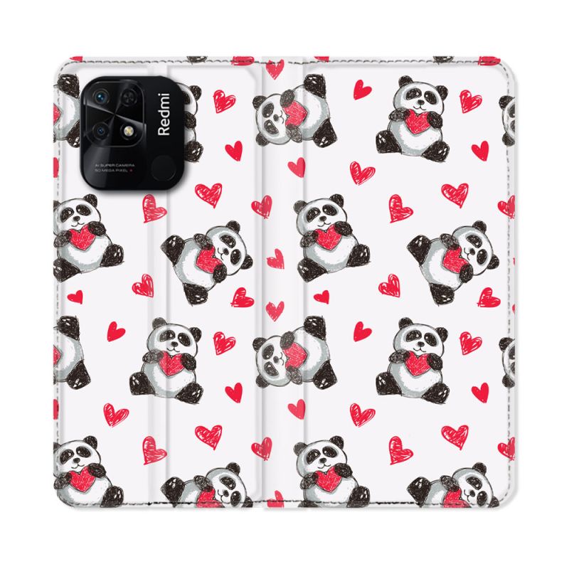 Housse cuir portefeuille Pour Xiaomi Redmi 10C Animal Panda Cœur