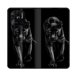 Housse cuir portefeuille Pour Xiaomi Redmi 10C Animal Panthère Noire