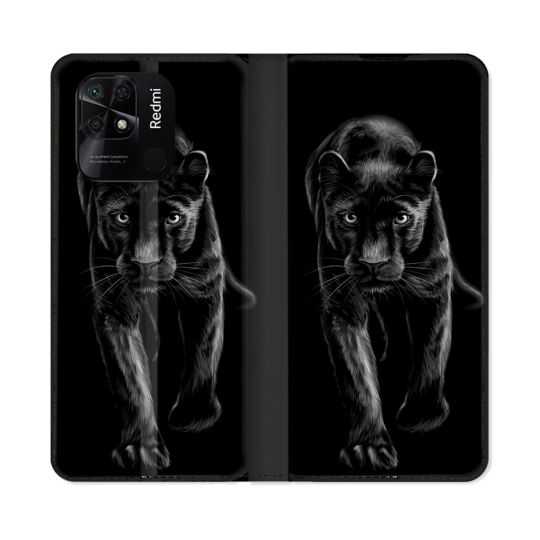 Housse cuir portefeuille Pour Xiaomi Redmi 10C Animal Panthère Noire
