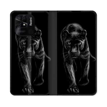 Housse cuir portefeuille Pour Xiaomi Redmi 10C Animal Panthère Noire