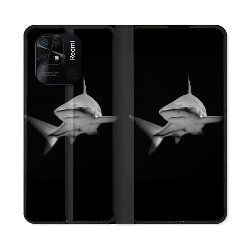 Housse cuir portefeuille Pour Xiaomi Redmi 10C Animal Requin Sombre