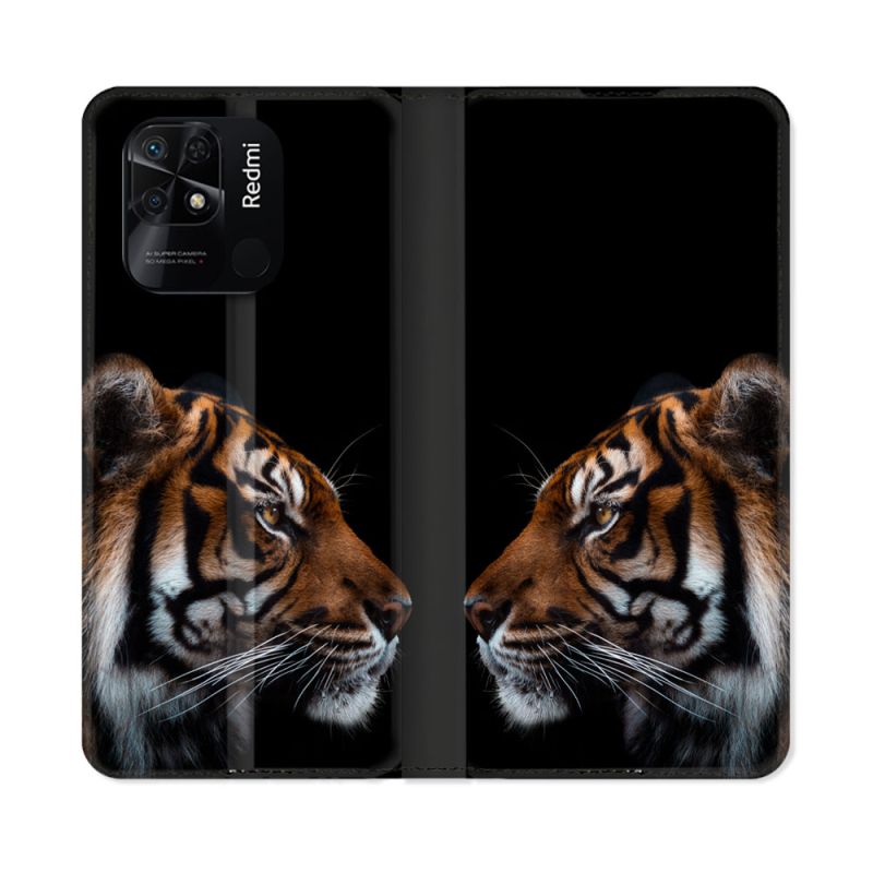 Housse cuir portefeuille Pour Xiaomi Redmi 10C Animal Tigre Noir