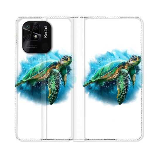 Housse cuir portefeuille Pour Xiaomi Redmi 10C Animal Tortue Blanche multicolore