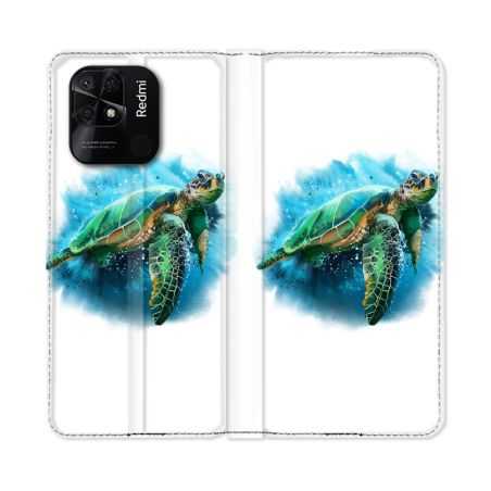 Housse cuir portefeuille Pour Xiaomi Redmi 10C Animal Tortue Blanche multicolore