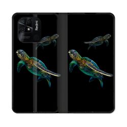 Housse cuir portefeuille Pour Xiaomi Redmi 10C Animal Tortue Noire multicolore