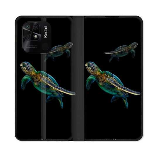 Housse cuir portefeuille Pour Xiaomi Redmi 10C Animal Tortue Noire multicolore