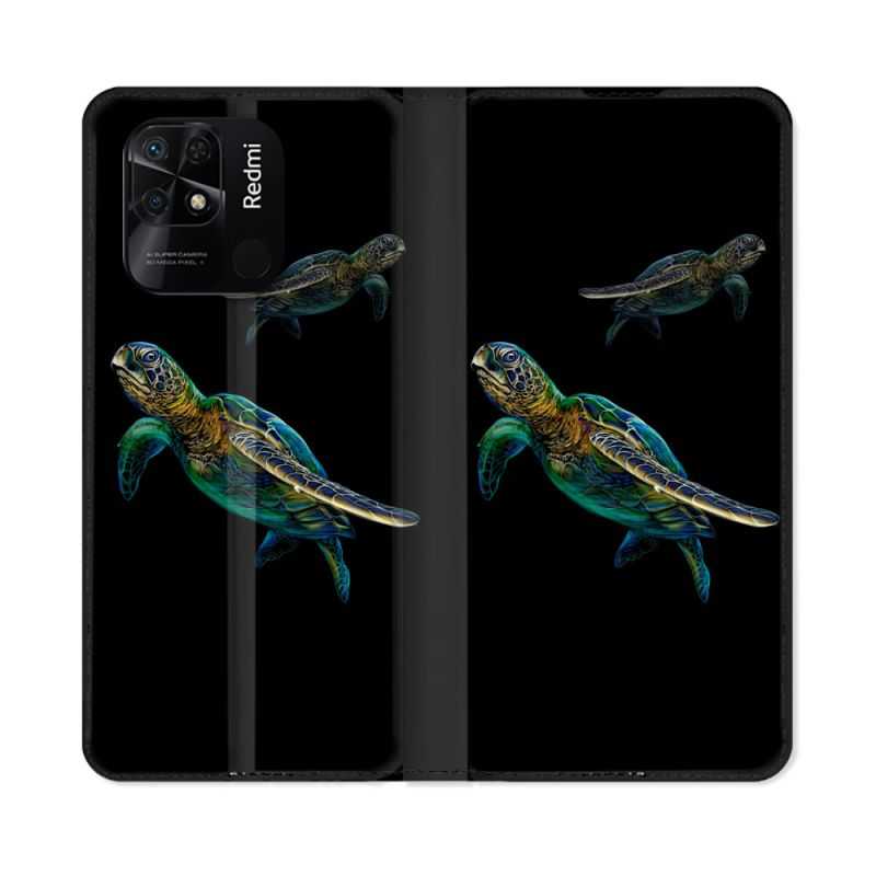 Housse cuir portefeuille Pour Xiaomi Redmi 10C Animal Tortue Noire multicolore