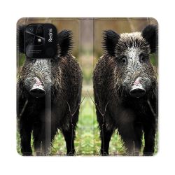 Housse cuir portefeuille Pour Xiaomi Redmi 10C Chasse Sanglier bois