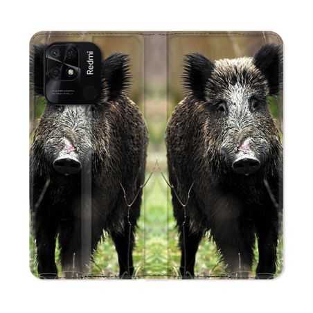 Housse cuir portefeuille Pour Xiaomi Redmi 10C Chasse Sanglier bois