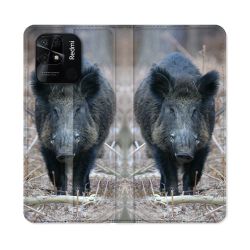 Housse cuir portefeuille Pour Xiaomi Redmi 10C Chasse Sanglier Pin