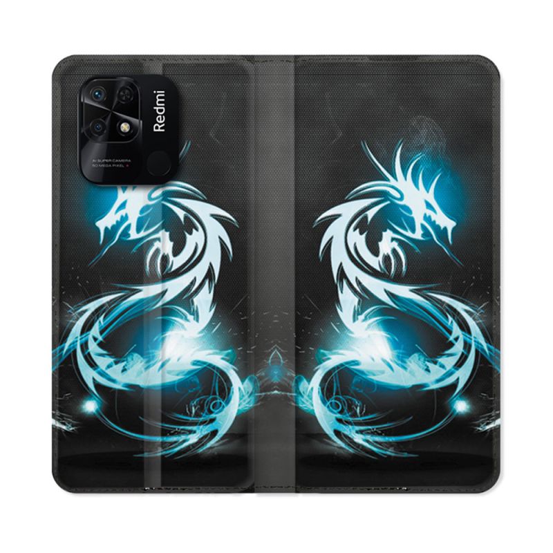 Housse cuir portefeuille Pour Xiaomi Redmi 10C Fantastique Dragon Bleu