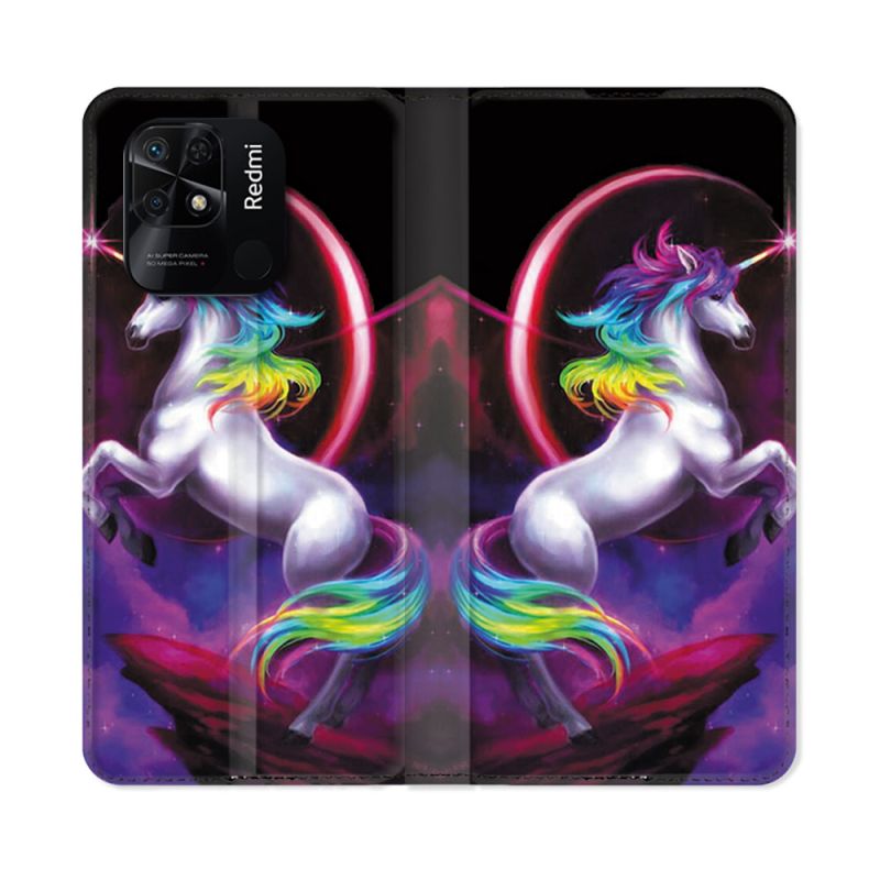 Housse cuir portefeuille Pour Xiaomi Redmi 10C Fantastique Licorne Arc en ciel