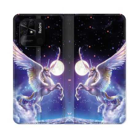 Housse cuir portefeuille Pour Xiaomi Redmi 10C Fantastique Licorne Céleste