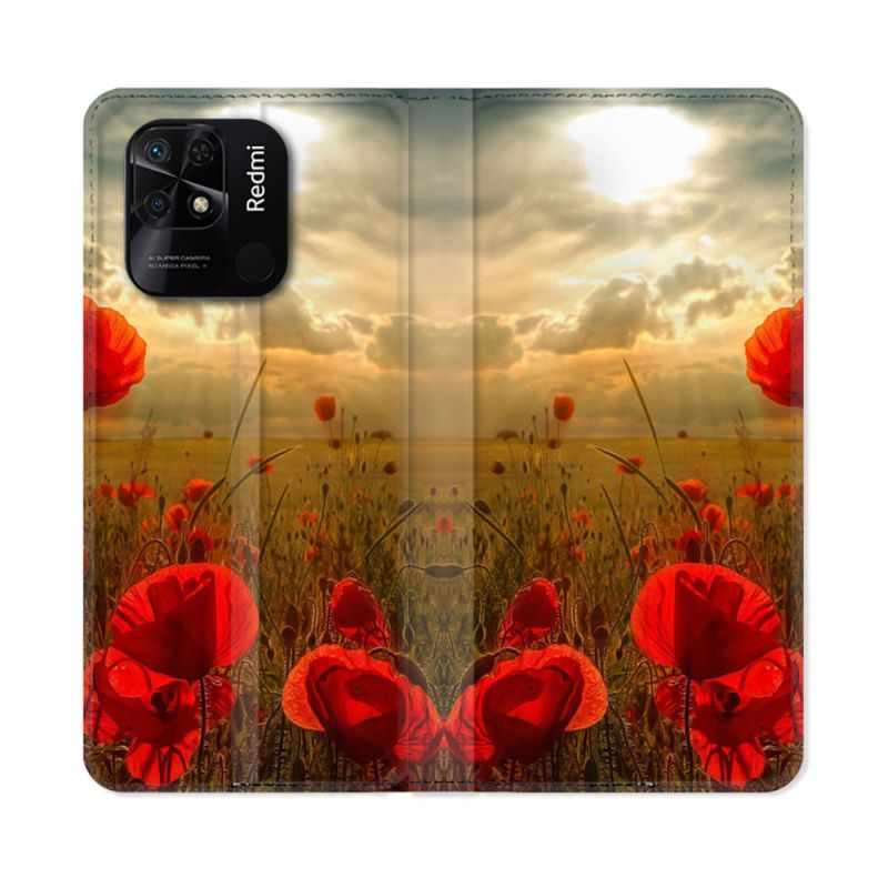 Housse cuir portefeuille Pour Xiaomi Redmi 10C Fleur Coquelicot