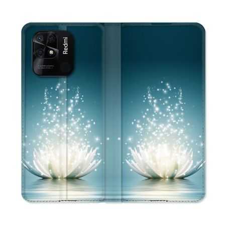 Housse cuir portefeuille Pour Xiaomi Redmi 10C Fleur Lotus Blanc