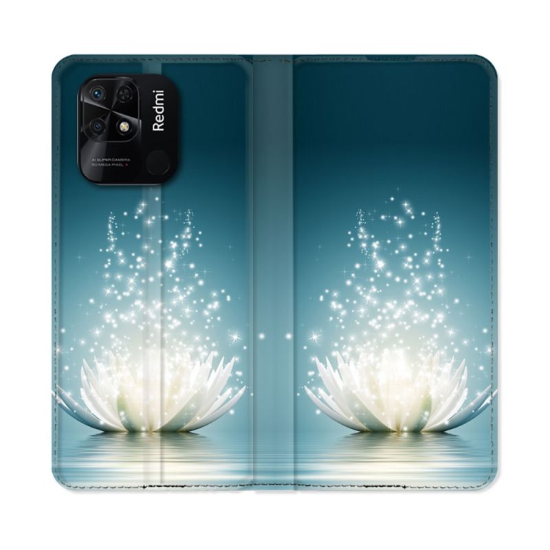 Housse cuir portefeuille Pour Xiaomi Redmi 10C Fleur Lotus Blanc