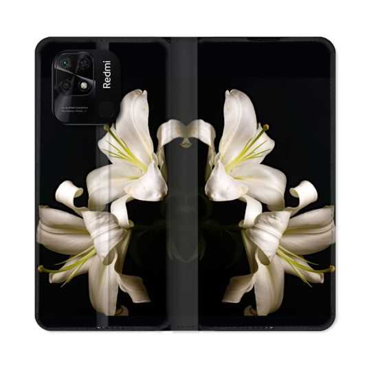 Housse cuir portefeuille Pour Xiaomi Redmi 10C Fleur Lys Noir